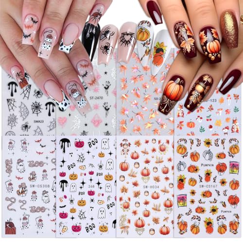 Halloween & Autumn Nail Art Stickers - Self-Adhesive Spider Web Pumpkin Ghost Leaves - 8 Sheets, Orange