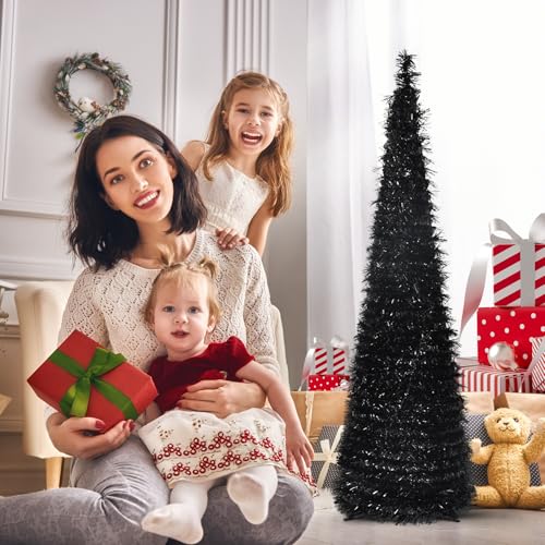 Black 5FT Collapsible Pop Up Tinsel Christmas Tree - Pencil Style