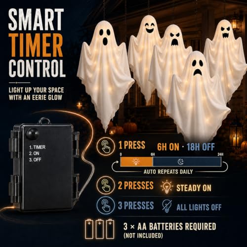 Halloween LED Hanging Ghost Decorations with Timer - Outdoor 27.5 Inch Set of 5