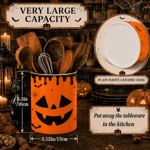 Halloween Utensil Holder with Pumpkins, Ceramic Kitchen Counter Organizer - Orange, 6 Inches