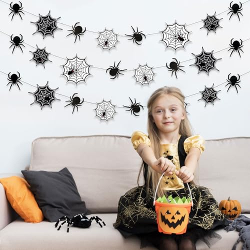 Halloween Spider Web Garland with Hanging Spiders - Indoor Outdoor Party Decorations