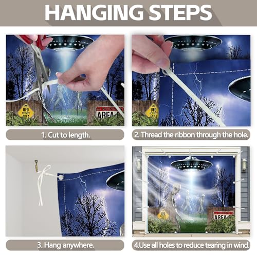 Halloween UFO Alien Garage Door Banner - 16x7ft Party Decoration with Rope - Spooky Outdoor Decor