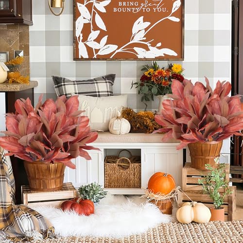 Artificial Magnolia Leaves Stems - Burgundy Fall Branches for Home Decor, Weddings & Events - 4 Pieces with Red Variation
