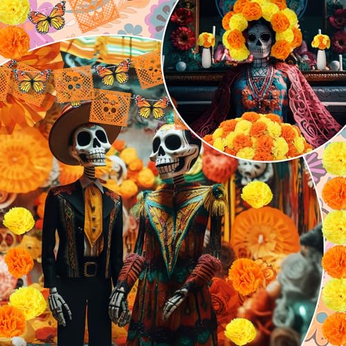 Day of the Dead Decor Set with Marigold Garlands Banners & Flowers – Festive Celebration Accessories