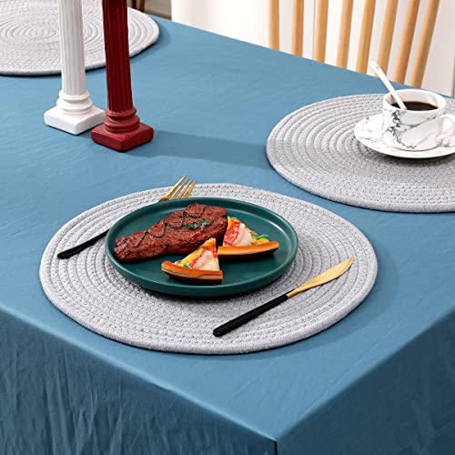 Gray Woven Cotton Placemat Set - Round 13.8 Inch Table Runners, 6 Pack