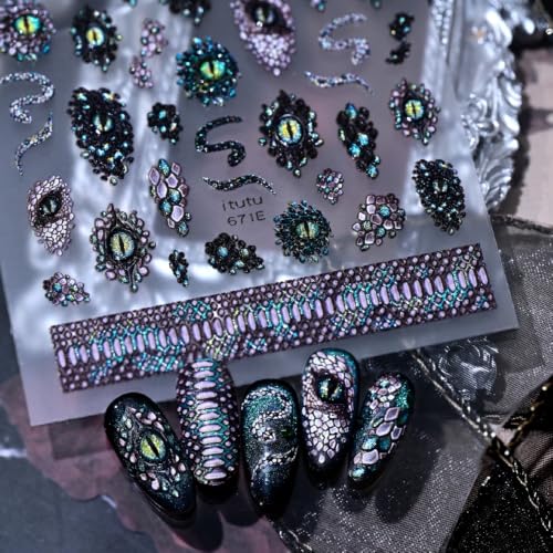 Green Gothic Cat Eye Snake Nail Stickers - Halloween Glitter Decals with Variation 27