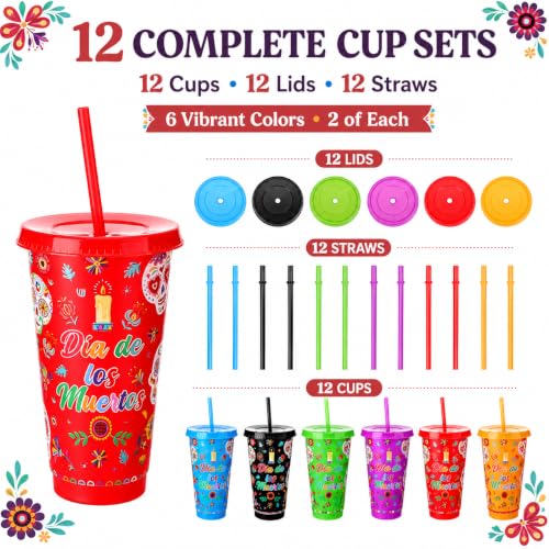 12 Pack Reusable Plastic Day of the Dead Cups with Lids & Straws, 24 oz Fiesta Design