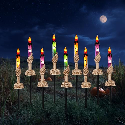 Halloween Skull Candle Stakes Set - 10 Pack Outdoor Waterproof Pathway Decor with Timer - Orange, Purple, Green