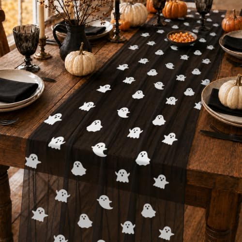 Halloween Ghost Table Runner Set - Black Mesh, 29x72 Inches, 4 Pieces - Ghost & Black Variation