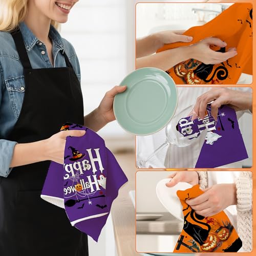 Halloween Kitchen Towels Set of 2 - Cat Pumpkin Halloween Decor - Hexagram
