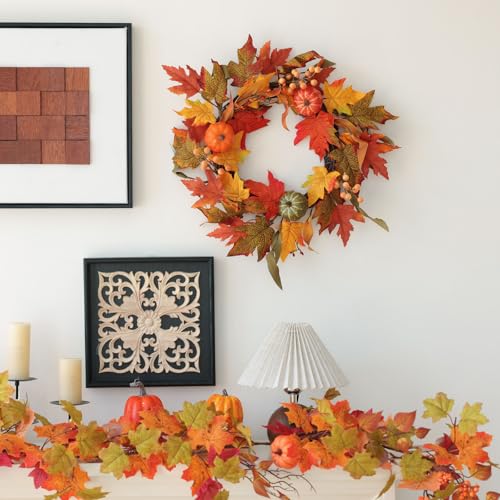 Fall Wreath for Front Door - 19 Inch Yellow Autumn Pumpkin Maple Leaves
