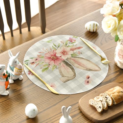 14-Inch Bunny Rabbit Ears Placemat Set of 4 - Buffalo Plaid Spring Table Decor