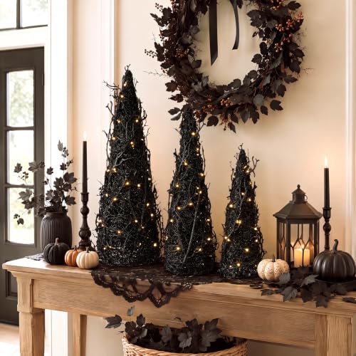 Halloween Tinsel Cone Trees with LED Lights Set of 3 - Black Autumn Decor