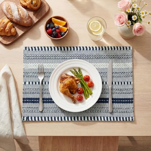 Dark Blue Woven Braided Stripe Placemats Set of 6 - 12x18 Inches
