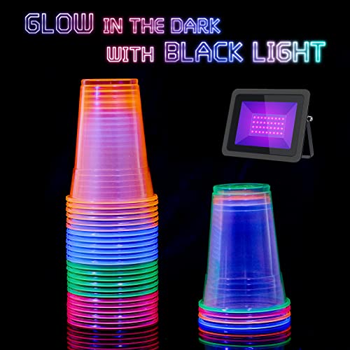 16 oz Neon Plastic Cups - Assorted Glow Party Cups, 100 Pack