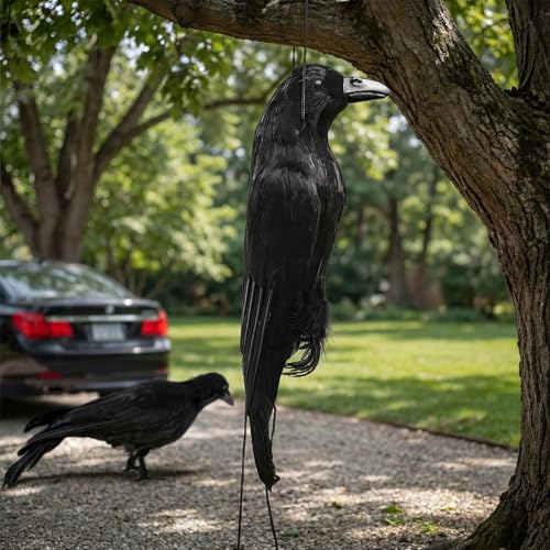 2 Pcs Halloween Black Crow Decoys - Realistic 17 Inch & 12 Inch Fake Crows for Garden & Decor