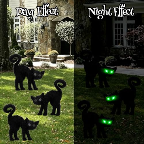 Black Cat Silhouette Halloween Decor with Glowing Green Eyes & Timer - Indoor Feline Accent