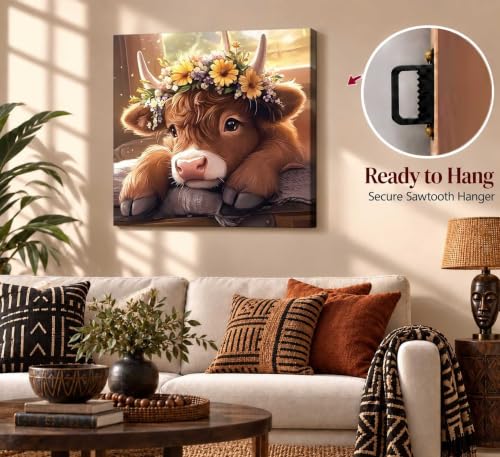 Highland Cow Canvas Wall Art - 20x20 Inch Farmhouse Decor with Wooden Frame