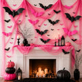 Pink Halloween Gauze Backdrop with 3D Bat Decorations - 118 x 138 inches, 32 Pcs