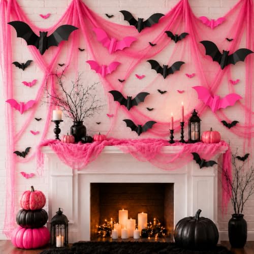 Pink Halloween Gauze Backdrop with 3D Bat Decorations - 118 x 138 inches, 32 Pcs