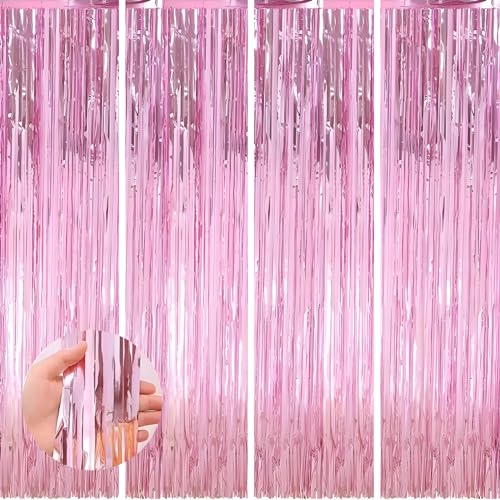 Pink Foil Fringe Curtain 4 Pack - 3.3x8.3 ft Metallic Tinsel Backdrop for Party Decorations
