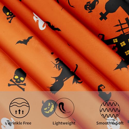 Halloween Round Tablecloth 60 Inch Orange with Haunted House & Bats - Fall Leaves Variation