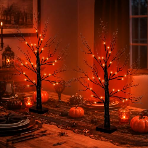 Orange Variation 2-Pack 24-Inch Black Halloween Tree with Orange Lights - Indoor Spooky Decor