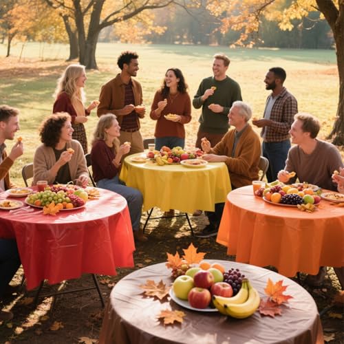 Fall Plastic Tablecloth Set - 12 Pack Autumn Colors Waterproof Round Table Cover for Thanksgiving & Parties - Yellow Orange Red
