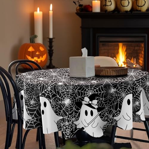Black 70-Inch Halloween Round Tablecloth Spooky Ghost Spider Web Washable