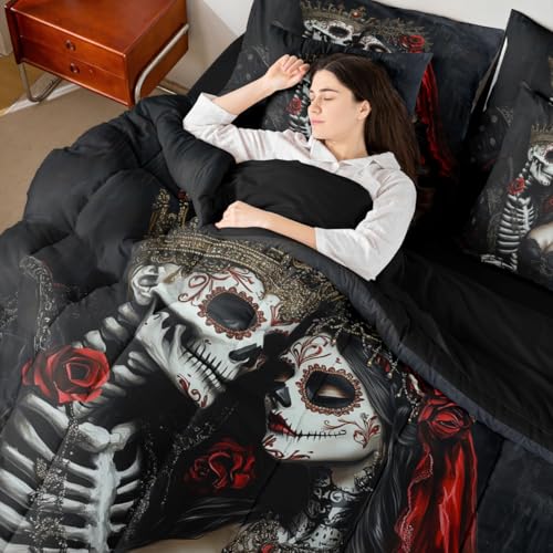 Black Red Queen Comforter Set with Sheets - Gothic Skeleton Bedding 7-Piece