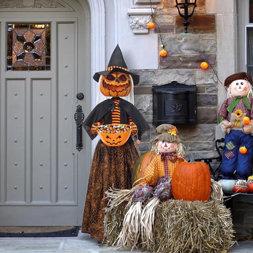 Animated Pumpkin Scarecrow with Candy Bowl Halloween Decoration - Sound Activated, Lights & Singing - 4.5ft - Pumpkin Scarecrow Variation