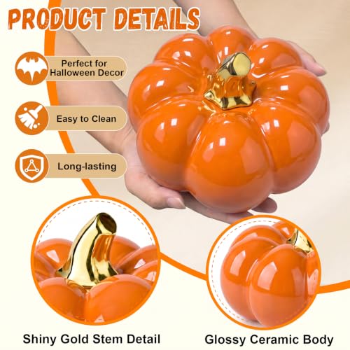 Orange Ceramic Pumpkin Halloween Decor - 8.2 Inch Fall Harvest Accent - Sibling Variation