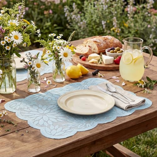Blue Dahlia Lace Placemats Set of 4 - 12x18 Inch Rectangular Table Mats for Wedding & Party Decor