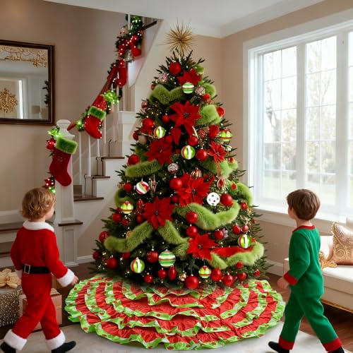 Green and Red Christmas Tree Skirt 48 Inch Ruffle Polka Dots for 6-7.5 FT Trees - Holiday Decor
