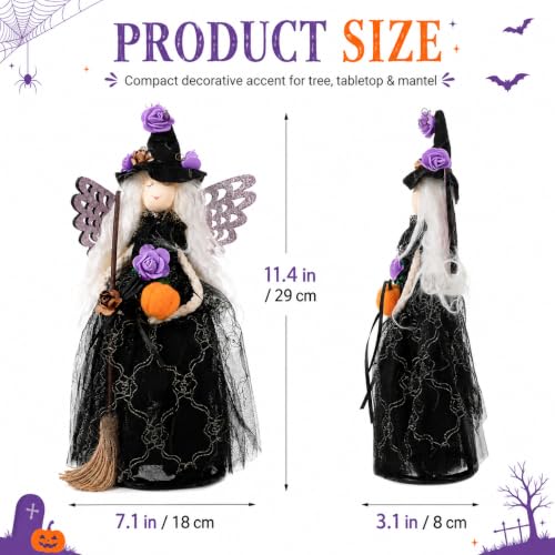 Halloween Witch Tree Topper Decoration - 11 Inch Black Witch with Spider Web Skirt - Multicolor Variant