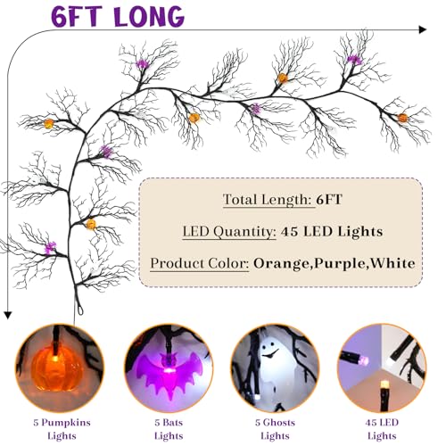 Halloween Garland with Pumpkin Bat Ghost Lights - 6FT Decor, Battery Operated, 8 Modes, Variation of Pumpkin & Bat & Ghost