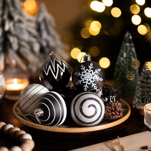 Medium 2-Inch Black and White Shatterproof Christmas Ornaments Set - Modern Holiday Decor