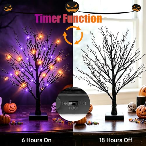 Halloween Decor Indoor 2 Pack 24-Inch Black Halloween Trees with Orange & Purple LED Lights - USB & Battery Powered, Spooky Twig Trees with Timer