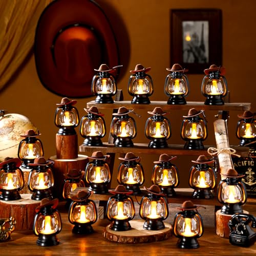 Mini Cowboy Hat Lanterns Set - Rustic LED Candle Decor for Weddings & Parties