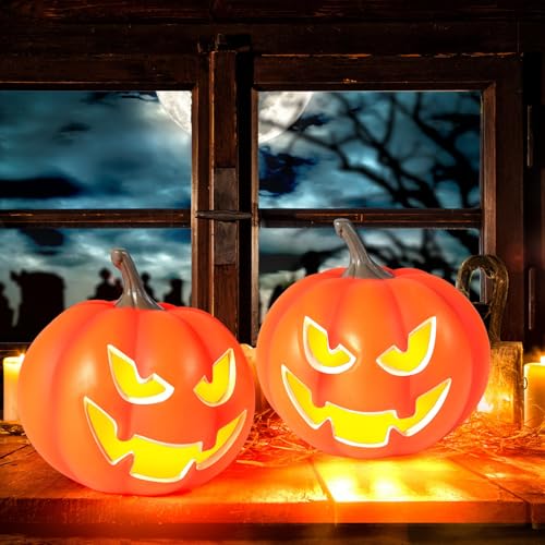 2 Pack Light-Up Halloween Jack O Lantern Pumpkins - Indoor Outdoor Decor