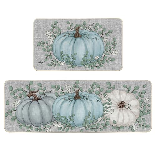 Pumpkin Eucalyptus Fall Kitchen Mats Set of 2 - Blue, 17x29 & 17x47 Inches