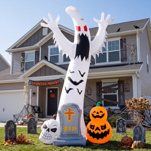 Giant 12FT Spooky Ghost Inflatable Halloween Decoration with Skull Tombstone & Colorful LED Lights - Red Variation