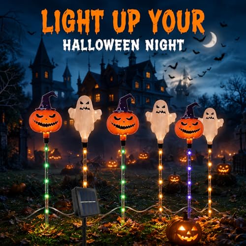 Outdoor Solar Ghost and Pumpkin Lights Set - 6pcs Halloween Pathway Decor with 3 Modes - Waterproof Landscape Lights, Orange Variation