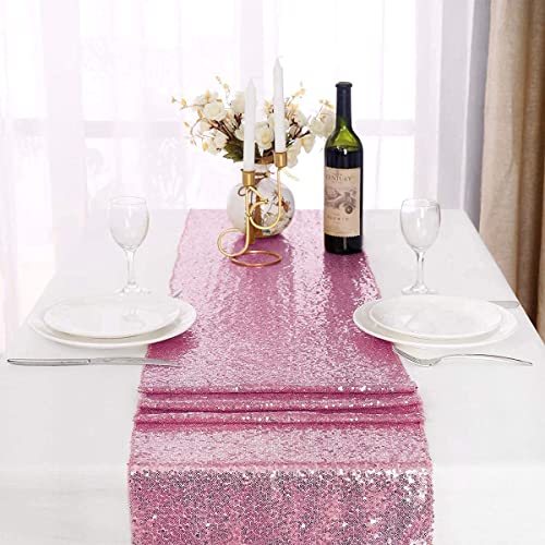 Pink Sequin Table Runner 2 Pack - Elegant Glitter Fabric for Weddings & Parties