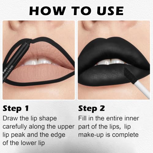Black Lipstick and Lip Liner Set with Pearlescent Lip Gloss for Halloween and Gothic Makeup