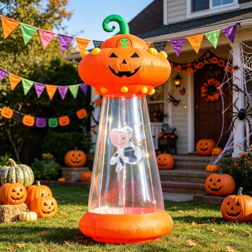 Halloween Inflatable Pumpkin UFO - 8 FT Outdoor Yard Decoration with Alien Cow and LED Lights - Variation: Pumpkin UFO