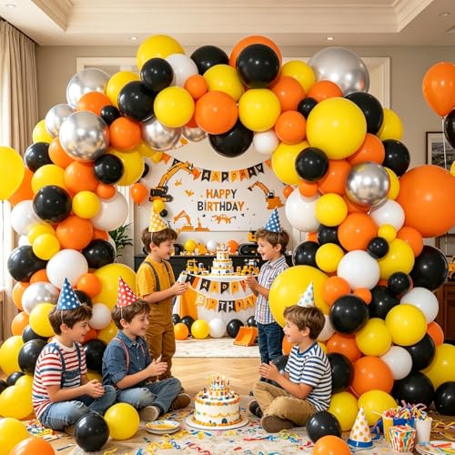 Construction Balloon Arch Kit - Orange Yellow Black Silver 122PCS Party Decorations