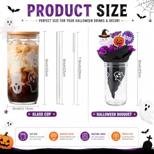 White Ghost Mason Jar Drink Cups Set - 24oz Halloween Tumblers with Lids & Straws