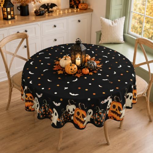 Halloween Round Tablecloth 60 Inch Water-Repellent Reusable Table Cover - Black