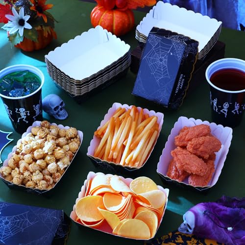 Halloween Spiderweb Paper Food Trays - 60 Pack Disposable Snack Boats - Gothic Party Supplies